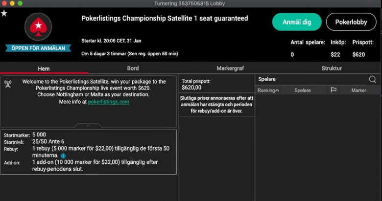 PokerListings Championship Satellite details.