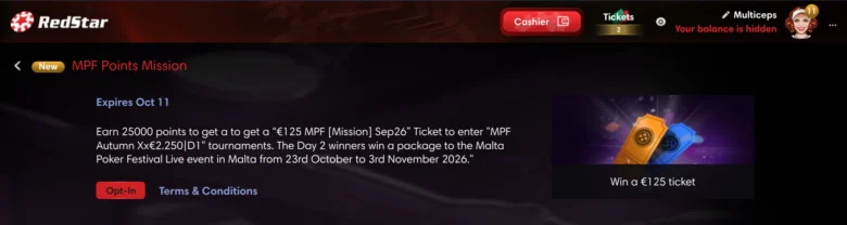 Malta Poker Festival Autumn Missions on RedStar Poker
