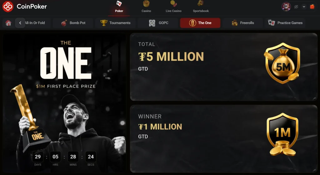 CoinPoker przygotował osobną zakładkę The One w lobby dla nowego formatu Millionaire Maker.