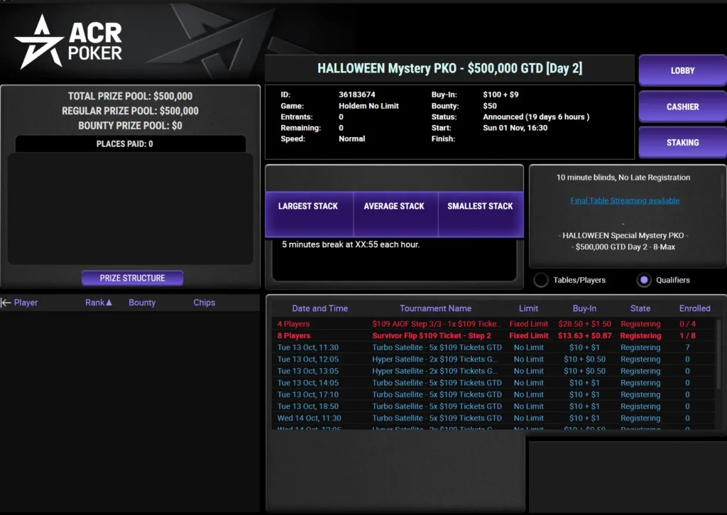 $109 Halloween Mystery PKO: $500K Gtd, top mystery bounty $50,000, stack 5,000 (50 bb), późna rejestracja 8 poziomów